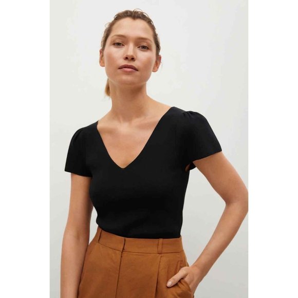 Mango Tops - MNG by Mango Black Short Sleeve V-Neck Cutout Top size XS